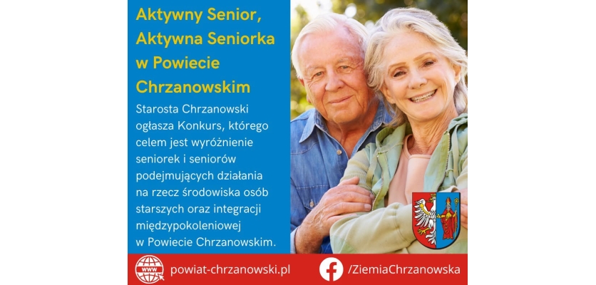 plakat promujący konkurs z wizerunkiem pary seniorów