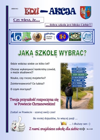 na niebieskim tle napisy, loga szkół powiatowych oraz zdjęcie chłopca stojącego przed drogowskazami z nazwami szkół