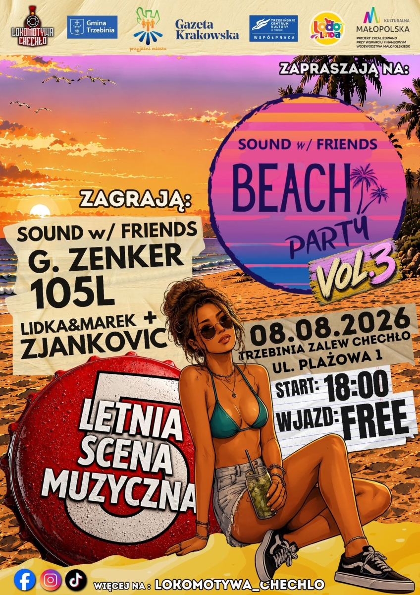 Plakat promujący wydarzenie. W tle plaża i zachodzące słońce. Na dole grafika przdstawiająca dziewczyne w wakacyjnym stroju. Wokół dziewczyny napisy.