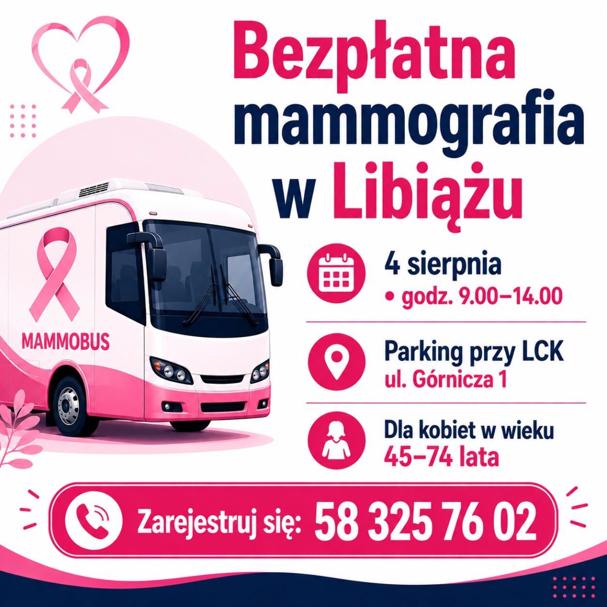 Grafika promująca badania. Z lewej strony różowy autobus, z prawej strony szczegółowe informacje.