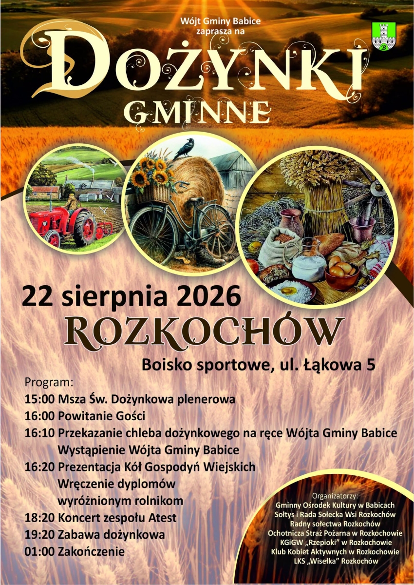 Plakat promujący wydarzenie. W tle pole zboża. Na środku trzy grafiki nawiązujące do okresu żniw. Na dole napisy.