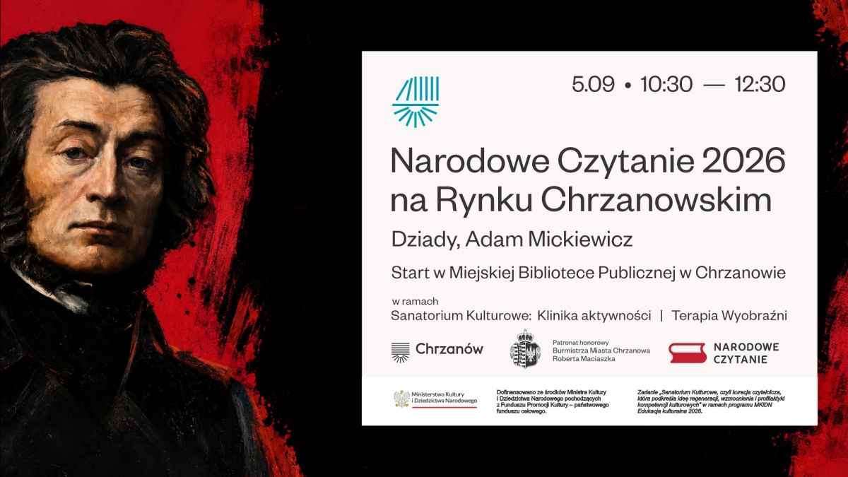 Grafika promująca wydarzenia: Z lewej strony portret Adam Mickiewicza, z prawej strony pole tekstowe z treściami i logotypami.