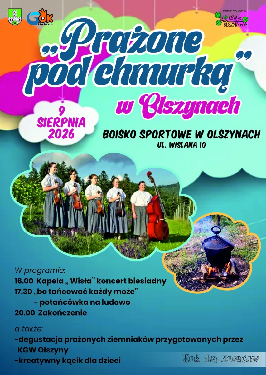Plakat promujący wydarznie. Na górzej, w tle grafika z kolorwymi chmurami. Na dole zdjęcie kociołka nad pogniskiem i zespół pięciu kobiet. Wokół zdjęć napisy.