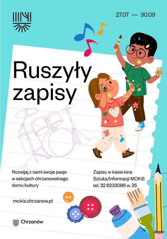 Plakat promujący sekcję. Grafika z postaciami dwójki dzieci. Wokół nich elementy związany z muzyką i sztuką.