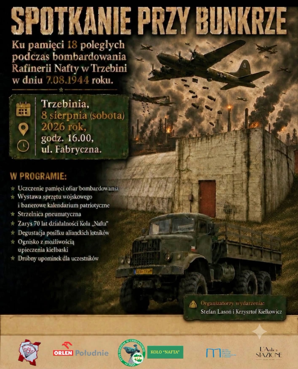 Grafika promująca wydarzenie. Na grafike z prawej strony rysunek bombowców w powietrzu podczas nalotu. Poniżej bunkier i ciężarówka. Z lewej strony pola tekstowe ze szczegółami wydarzenia.