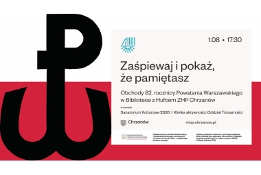 Grafika promująca wydarzenie - Z lewej strony i w tle flaga państwowa RP i Kotwica Powstańców Warszawskich, z prawej strony pole tekstowe z treściami i logotypami.