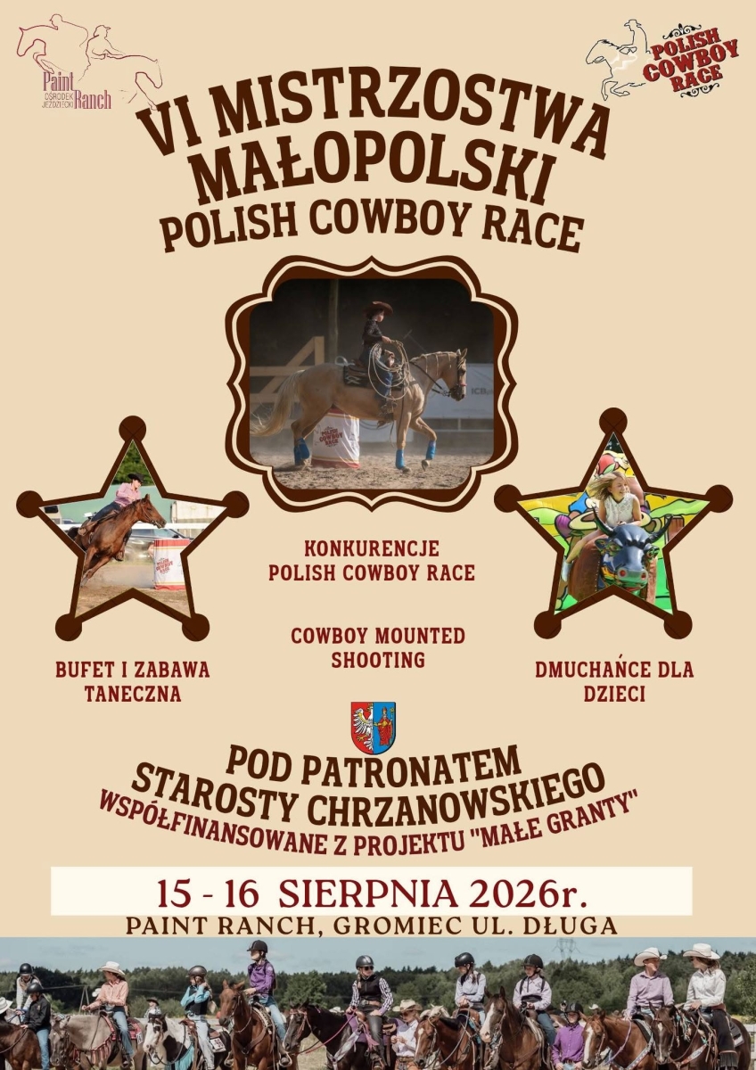 Plakat promujący wydarzenie. Na środku i na dole zdjęcia zawodników siedzacych na koniach.
