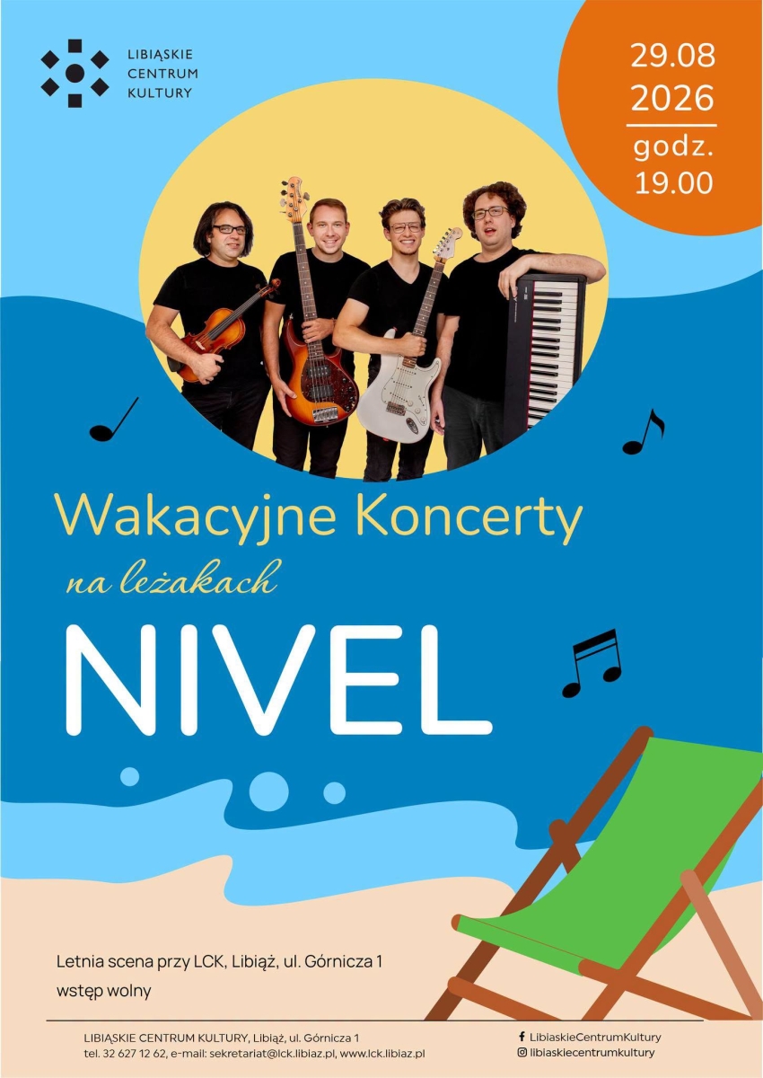 Plakat promujący wydarzenie. Na górze, w okręgu zdjęcie czteroosobowego, męskiego zespołu. Na dole grafika leżaka i plaży.