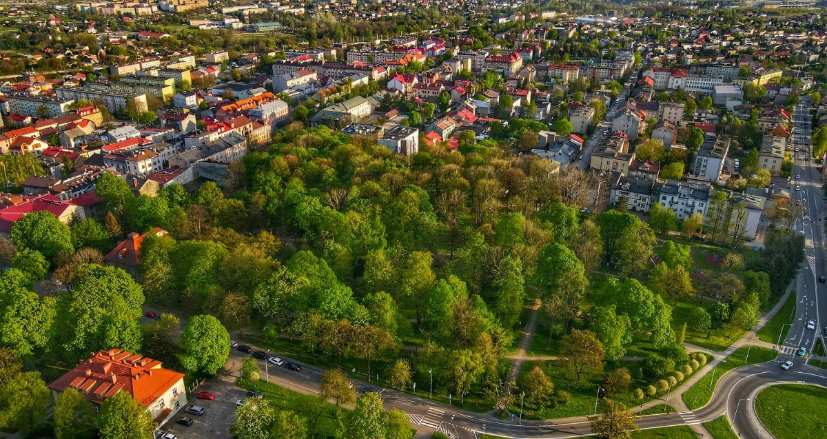 PARK MIEJSKI Z LOTU PTAKA POŚRODKU ZIELONY PARK Z DRZWEAMI LISCIASTYMI, DOOKOŁA  KOLOROWE BUDYNKI KAMIENICE ORAZ BLOKI MIESZKALNE