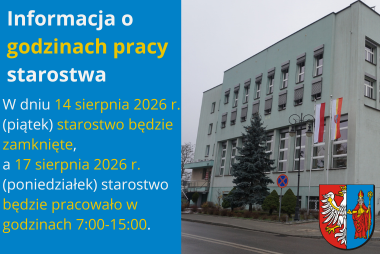 Grafika. Z lewej strony pole tekstowe. Z prawej strony zdjęcie budynku starostwa powiatowego. 