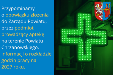 Grafika, z lewej strony pole tekstowe z treścią, z prawej strony zdjęcie zielonego neonu w kształcie plusa. W prawym górnym rogu herb Powiatu Chrzanowskiego.
