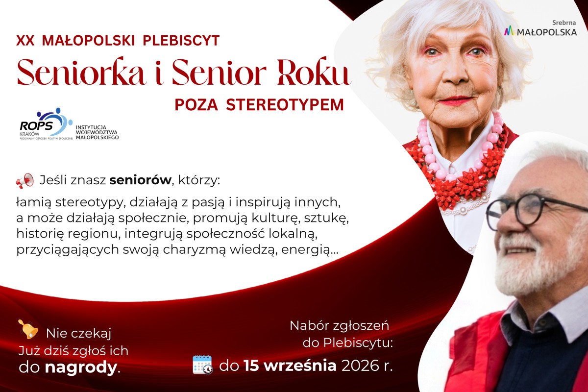 Grafika promująca plebiscyt, z prawej strony zdjęcie kobiety i mężczyzny w podeszłym wieku, z lewej strony pola tekstowe z treściami.