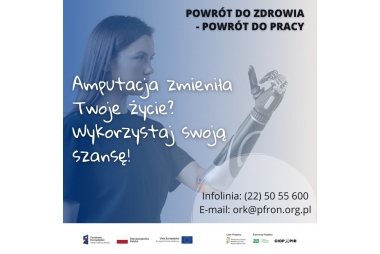 plakat powrót do zdrowia - powrót do pracy (czarny napis) u góry po prawej str, w tle młoda dziewczyna dł.włosy w podkoszulku granatowym stoi przekręcna lewym bokiem, lewa ręka -proteza do łokcia srebrno czarna, biały napis (jak w nagłówku) nr info 