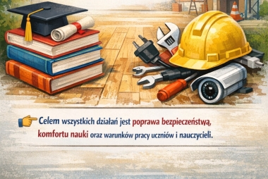 Grafika: książki, narzędzia, kask budowlańca 