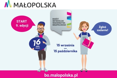 Grafika przedstawiająca parę rysunkowych postaci. Wokół nich logotyp, daty i dymki z hasłami. Poniżej link do strony www.