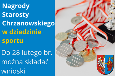 Grafika. Z lewej strony pole tekstowe. Z prawej strony medale sportowej. W lewym dolnym rogu herb powiatu. 
