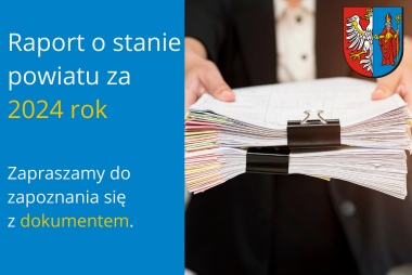 Grafika. Z prawej strony zdjęcie osoby przekazującej plik dokumentów. W górnym rogu herb powiatu. Z lewej strony pola tekstowe. 