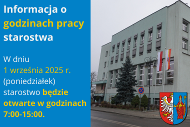 Grafika. Z prawej strony budynek starostwa. Z lewej strony pola tekstowe z treścią.