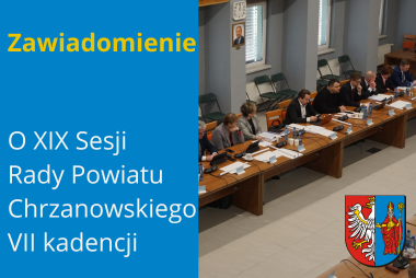 Grafika. Z lewej strony pole tekstowe, z prawej strony zdjęcie sali obrad z radnymi, w prawym dolnym rogu herb powiatu.
