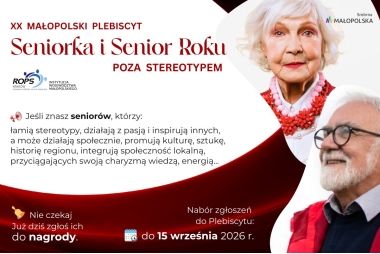 Grafika promująca plebiscyt, z prawej strony zdjęcie kobiety i mężczyzny w podeszłym wieku, z lewej strony pola tekstowe z treściami.
