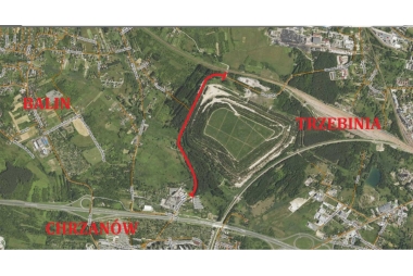 Mapa przedstawiająca fragment gminy Chrzanów i Trzebinia. Na niej czerwona linia na jeden z ulic.