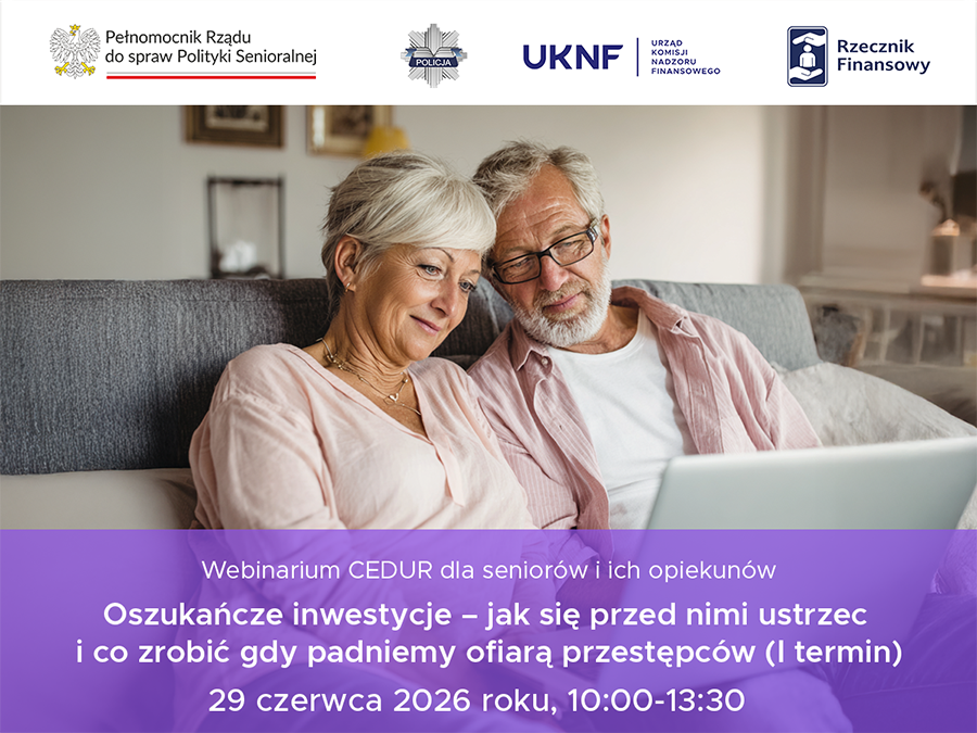 Grafika. Na niej zdjęcie pary seniorów patrzących na laptop. Nad zdjęciem logotypy. Pod zdjęciem pole tekstowe z treścią. 