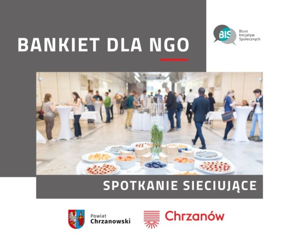 Grafika. W górnej części tytuł obrazka i logotyp. W środowej części zdjęcie osób podczas bankietu. W dolnej części 2 kolejne logotypy. 