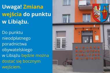 Grafika. Z prawej strony zdjęcie budynku biblioteki w Libiążu. W górnym rogu herb powiatu. Z lewej strony pola tekstowe z treścią.