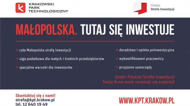 banner granatowy białe i czerwone na[isy; MAŁOPOLSKA TIUTAJ SIĘ INWESTUJE LOGO KRAKOWSKIEGO PARKU TECHNOLOGICZNEGO CZERWONY KWADRAD BIAŁE k, LOGO POLSKA STREFA INWESTYCJI ZAGIETY ZYGZAK BIAŁO CZERWON(