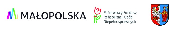 pasek z logami zawierający logo małopolski logo pfron oraz herb powiatu chrzanowskiego 