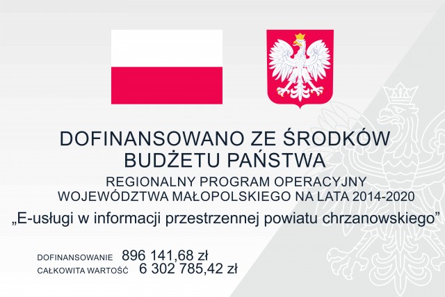 plakat szary flaga RP, godło biały orzeł w złotej koronie na czerwonym tle informacja o dofinansowaniu z budzetu państwa 896 141,68 zł, cąłkowita wartośc projektu 6302785,42 zł