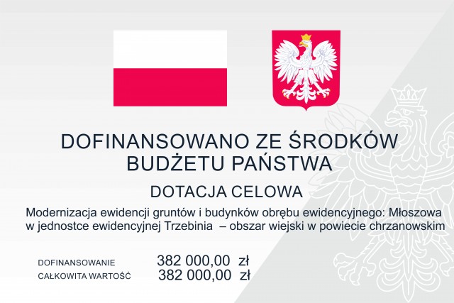 TABLICA SZARA FLAGA RP BIAŁO CZERWONA ORAZ GODŁO BIAŁY ORZEŁ W ZŁOTEJ KORONIE NA CZERWONYM TLE TREŚĆ TABLICY DOFINANSOWANO Z BUDŻETU PAŃSTWA DOTACJA CELOWA (INFORMACJA JAK W TREŚCI PONIŻEJ)