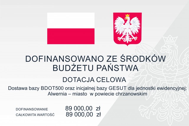 tablica szara flaga RP biało czerwona oraz godło biały orzesł w złotej koronie na czerwonym tle napis czarny dofinansowano ze środków budżetu państwa, dotacja celowa (informacja jak w treści ponizej)