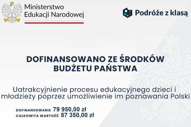 plakat informacyjny dofinansowano ze środków budżetu państwa logo MEN, logo podróże z klasą  dofinansowanie 79,95 tys zł, całkowita wartość 87,35 tys zł. szare tło,  po prawej stronie zarys orła w kor