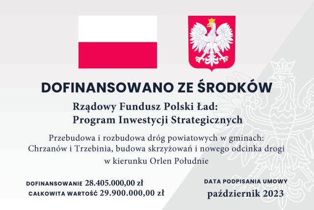 tablica o dofinansowanie dróg powiatowych z polskiego łądu na terenie Chrzanowa i Trzebini wraz z budową drogi na orlen wg wzoru prezesa rady ministrów 