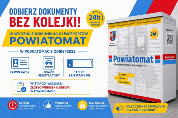 Grafika. Z prawej strony zdjęcie urządzenia paczkowego zwanego powiatomatem, z lewej strony pola tekstowe z trescią.